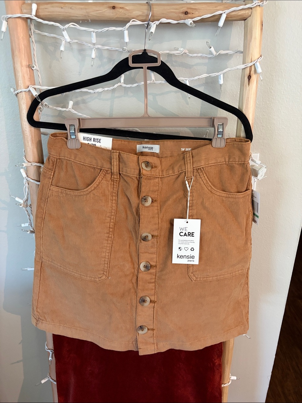 kensie Button-Front Corduroy Mini Skirt in Tan